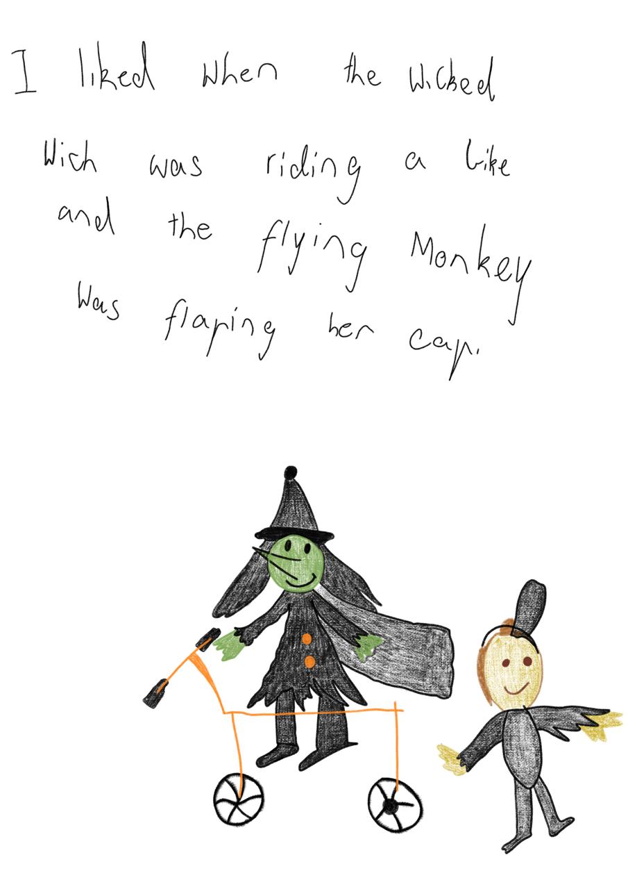 I liked then the wicked wich was riding a bike and the flying monkey was flaming her cap